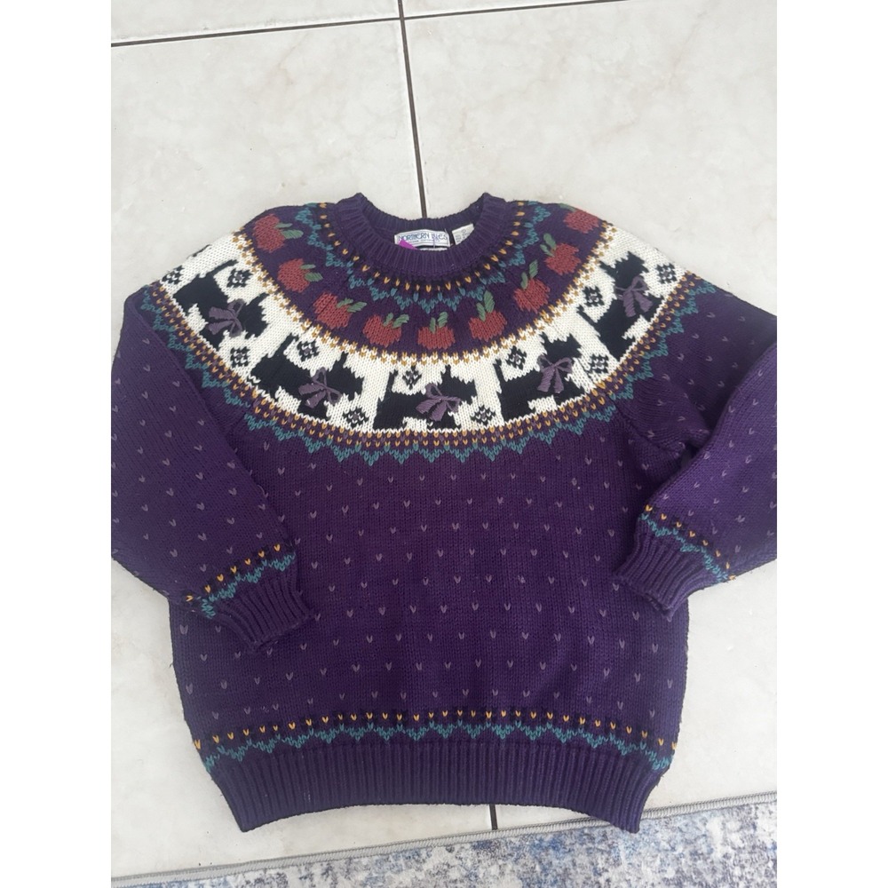 Vintage 90s Northern Isles Womens L Purple Scottie Dog Apple Fair Isle Sweater